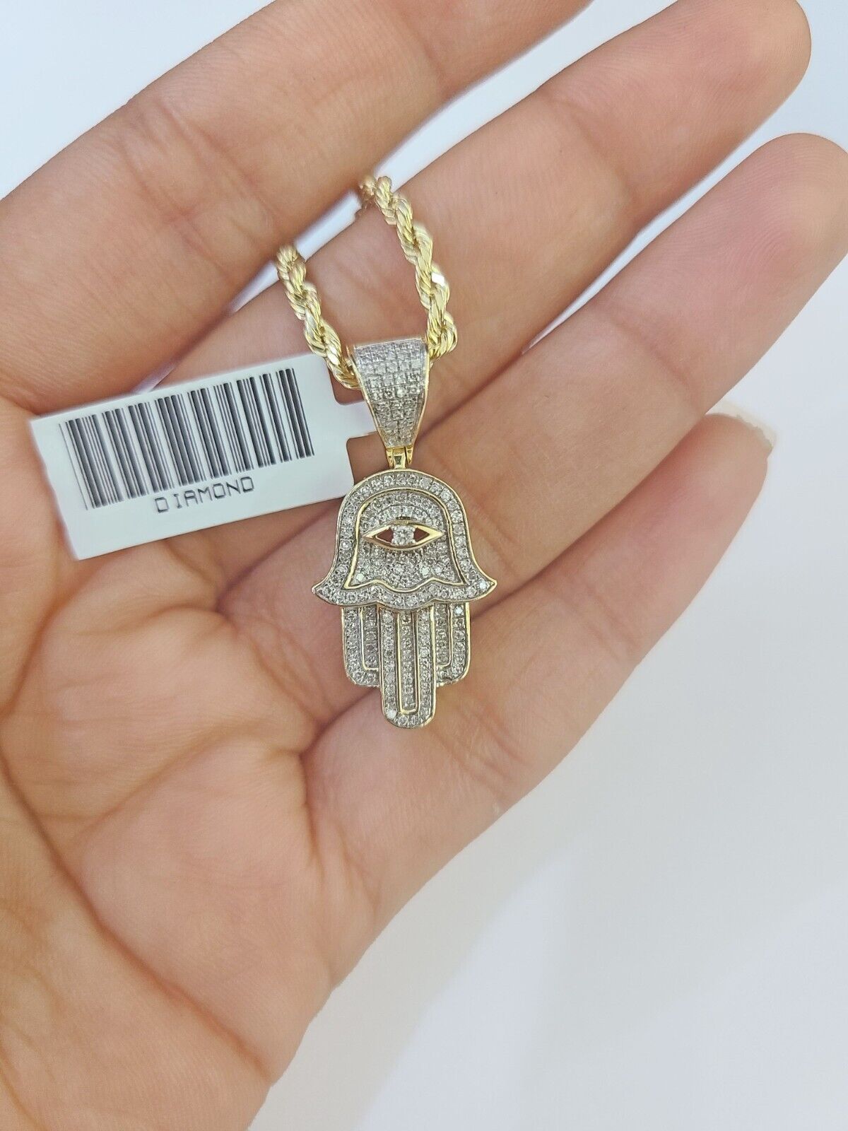 10k Yellow Gold & Diamond Hamsa Hand Charm and 26" inches Rope Chain