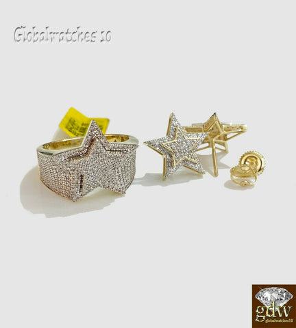 10k Gold Mens Diamond Ring and Earring Set Star Shaped Ring and Earring Real