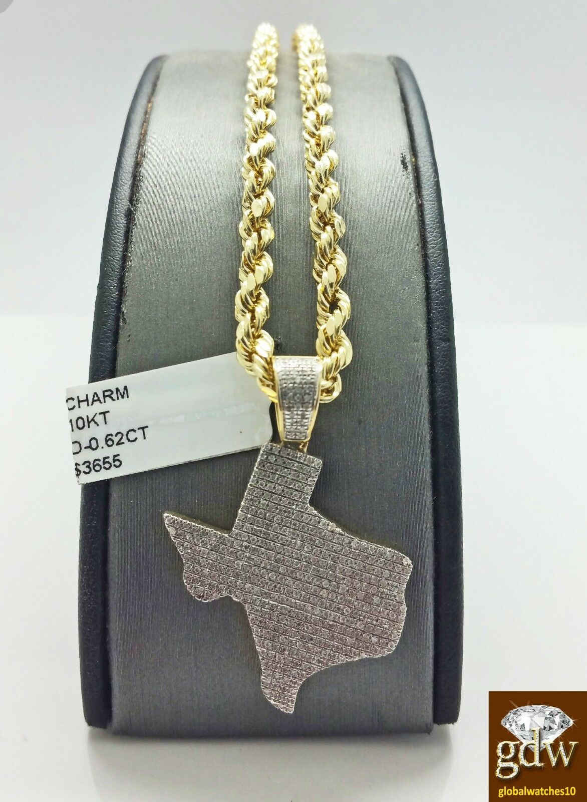 Real 10k Yellow Gold & Diamond Texas Charm/Pendant Including 24 Inch Rope Chain.