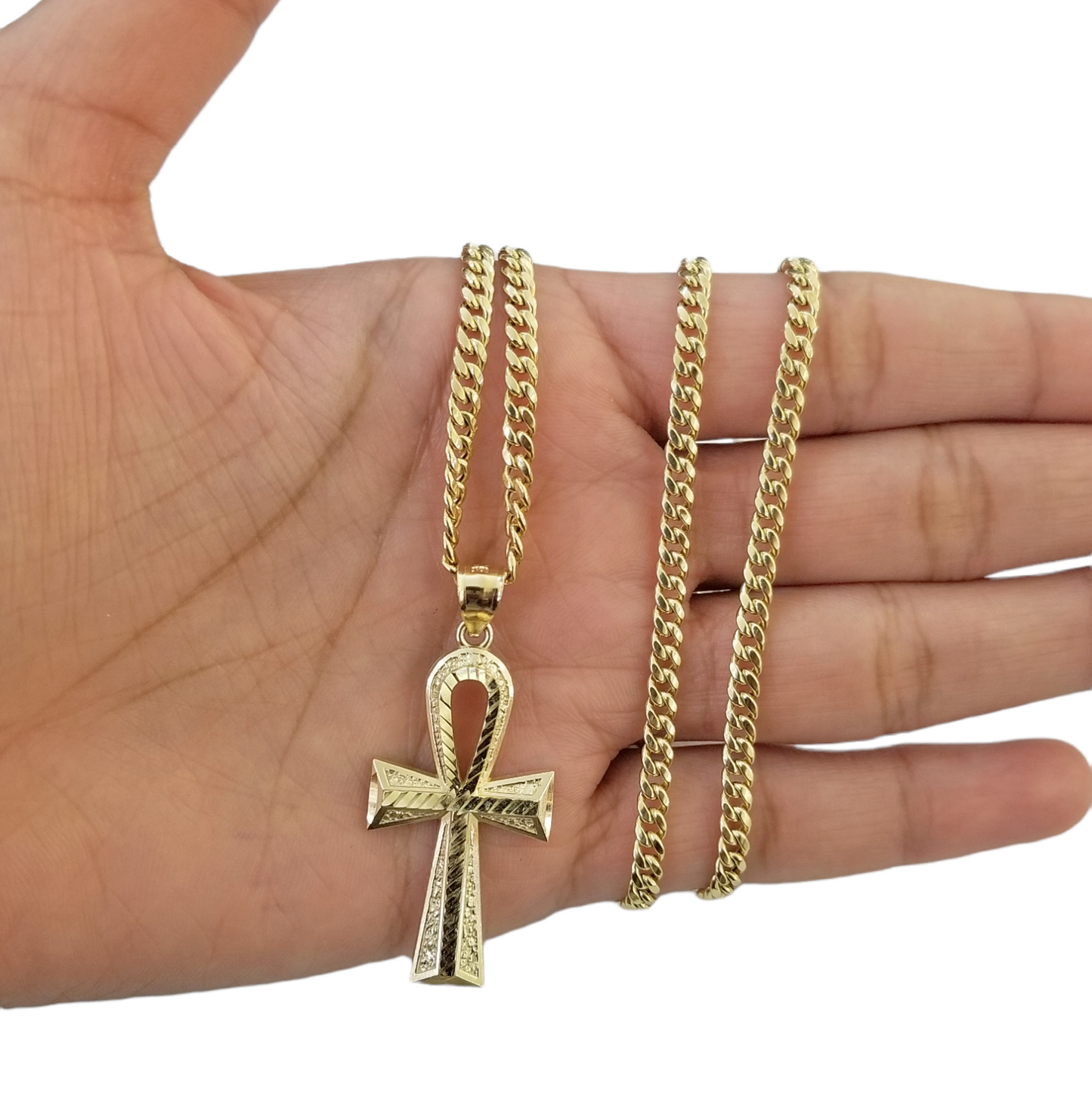 Real 10k Gold Ankh Cross Pendent 4mm Cuban Link Chain 18"20' 22" 24" 26" 28" 30"