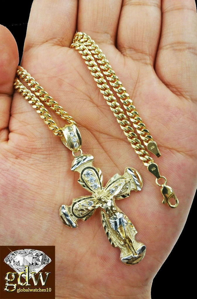 10k Yellow Gold Jesus Charm Pendant 28 Inches Miami Cuban Chain