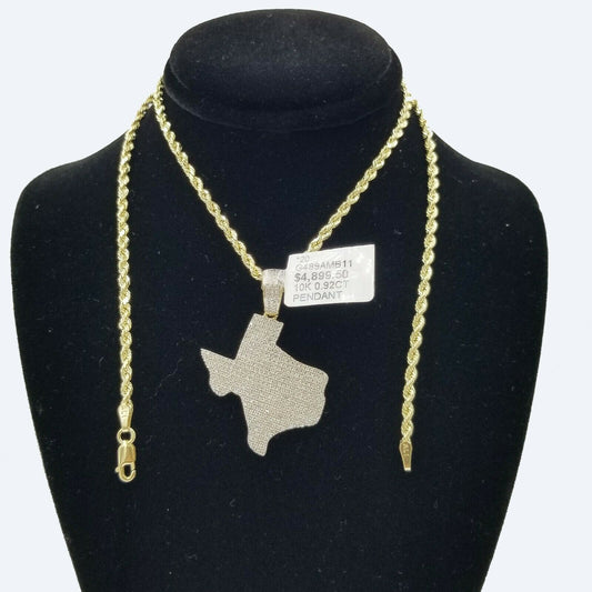 10K Gold Texas Map Diamond Pendant/Charm 2.5mm Rope Chain in 16 18 20 22 24 Inch