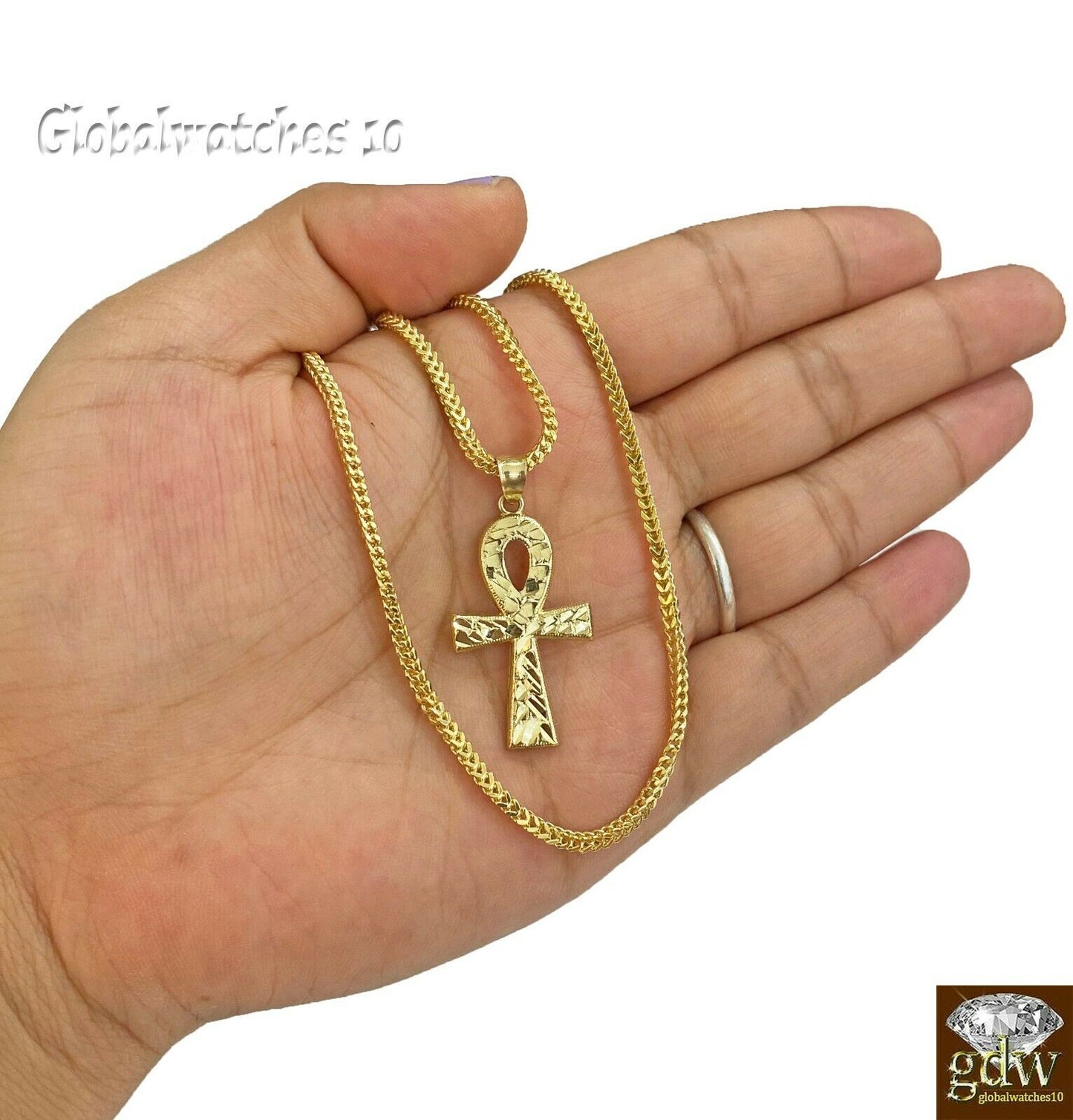 10k Gold Ankh Cross Charm Pendant Franco Chain 22" 24" 26" 28" Real