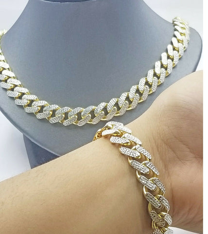 Real 10k Gold Monaco chain`14mm Cuban Link Royal Bracelet Set Diamond Cut