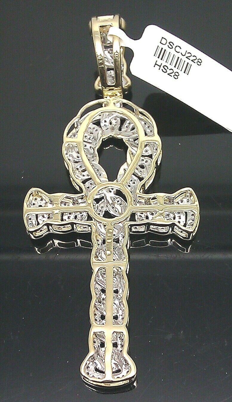 10k Gold Diamond Men Charm Pendant Ankh Cross cuban link design Yellow Gold Real