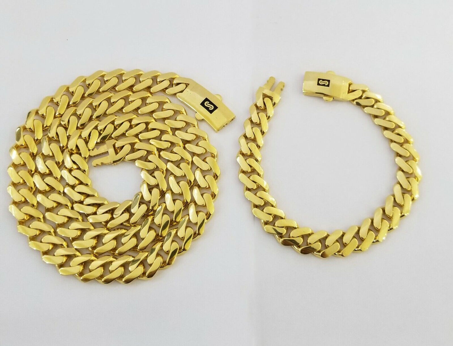 10k Gold Cuban Link Royal 11mm Monaco Chain And Bracelet 10kt Real Gold Set