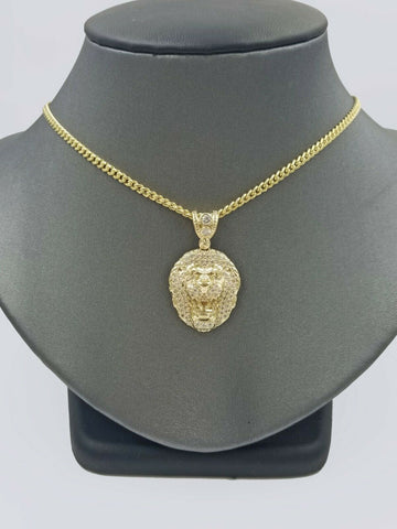 10k Gold Charm Lion Head Pendant with Miami Cuban in 20 22 24 26 Inch Real Gold