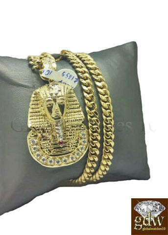 Real 10k Gold Egyptian Pharaoh Head Charm 26 Inch Miami Cuban Chain