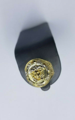 Real 10k Yellow Gold Head Casual Mens Ring Diamond Cut Greek Lion Head