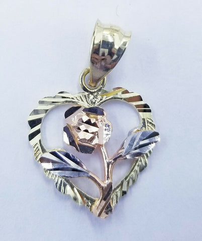 10k Yellow Gold Floral Heart Charm Diamond Cut 2.5mm 18"- 28" Rope Chain Pendant