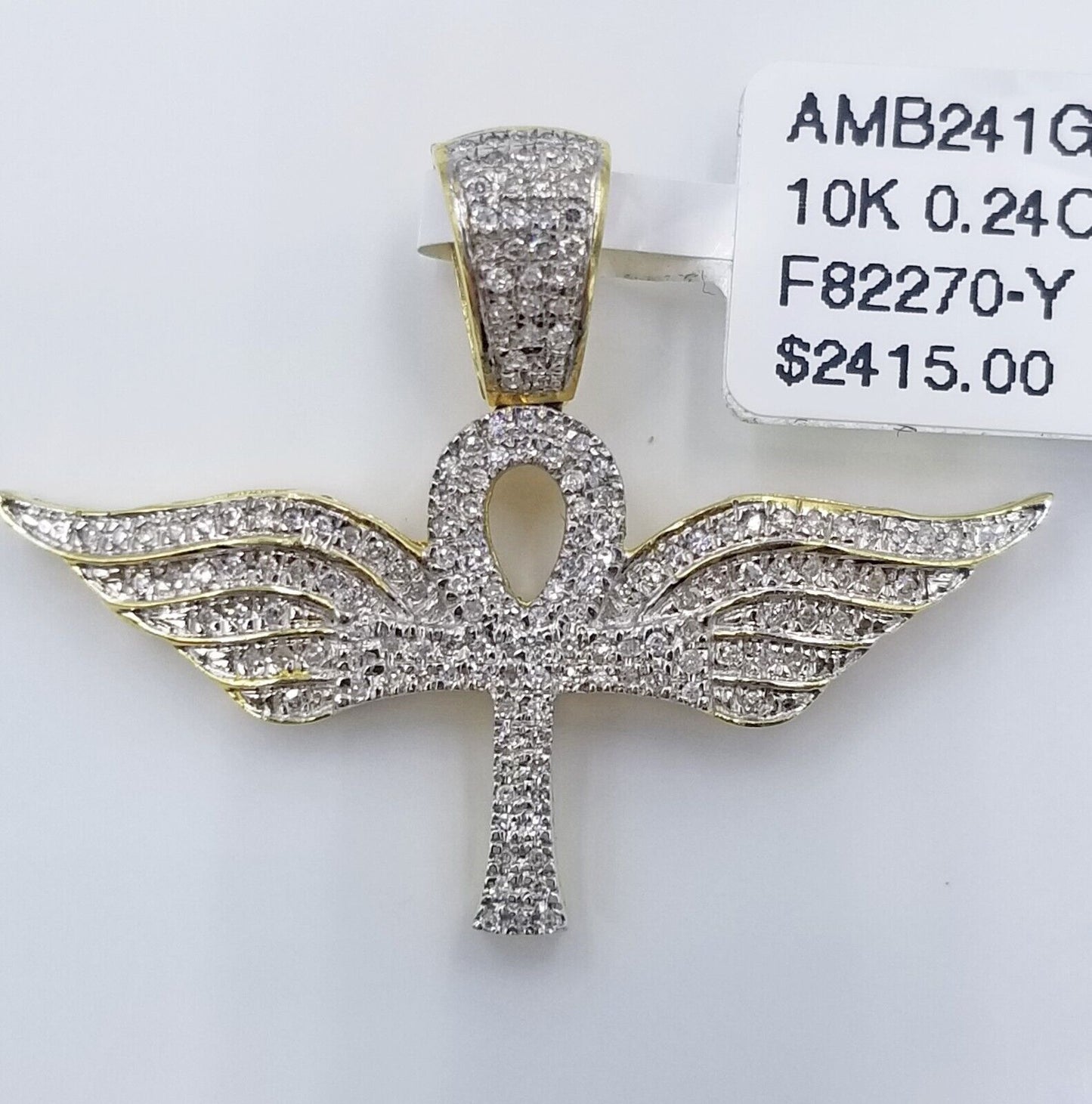 10K Yellow Gold Real Diamond Ankh Angel Wing Cross Pendent