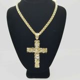 Mens 10k Yellow Gold Cross Charm Diamond Cut Pendant Byzantine Chain in 24" Real