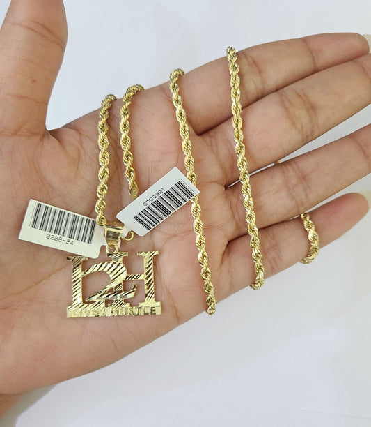 10k Gold Live 2 Hustle Pendant Rope Chain 3mm 24'' Necklace Set L2H Real Yellow