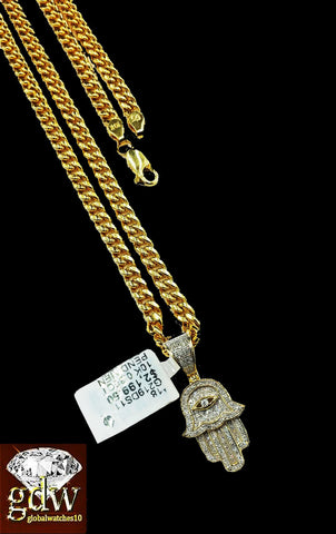 Real 10k Yellow Solid Gold Diamond Hamsa Hand Charm with 26" Miami Cuban Chain