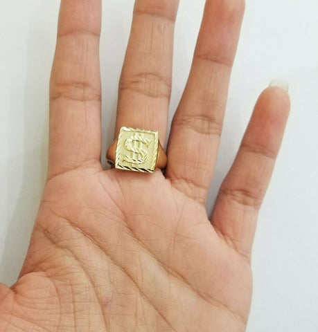 10k Men's yellow Gold "$" dollar sign Ring ,Sizable casual square gold ring 10kt