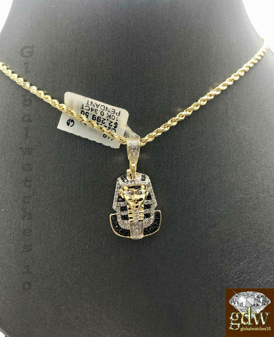 Solid 10k Gold Pharaoh Head Charm with Rope chain in 20 22 24 26 Inch Pendant