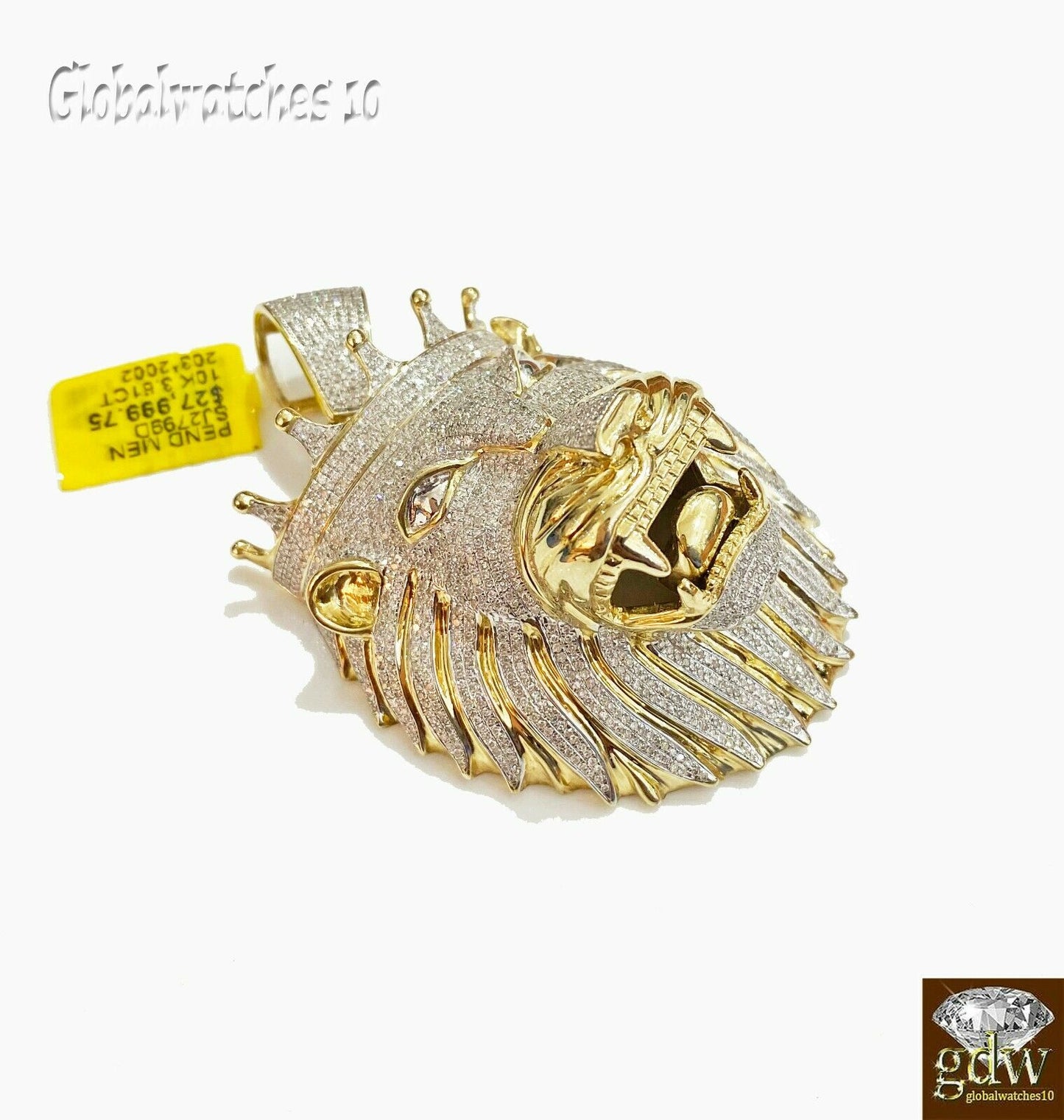 Real 10k Yellow Gold Diamond Mens Lion Head Charm Pendant with Genuine Diamonds.