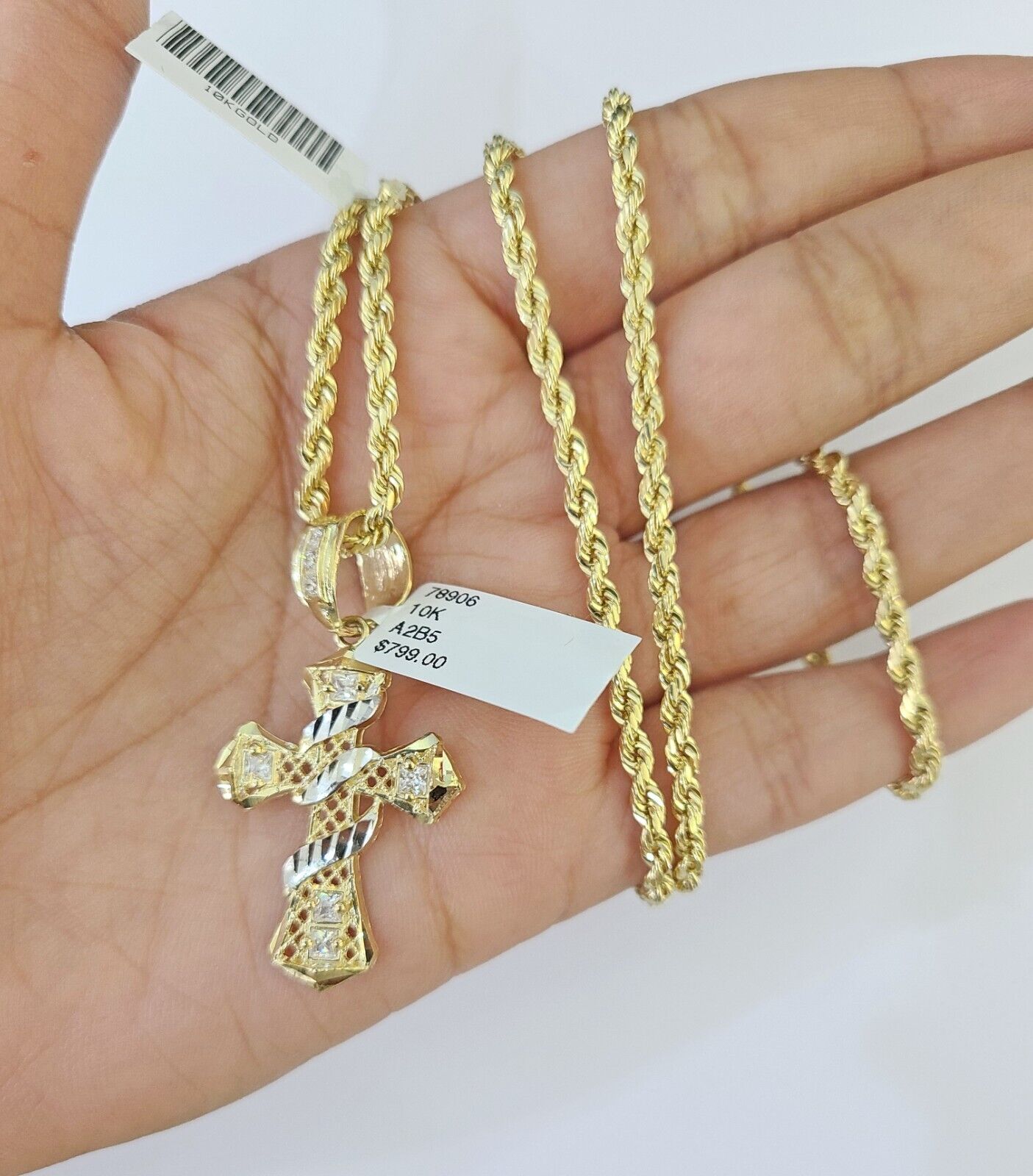 10k Gold Spiral Cross Charm Rope Chain 3mm 22'' Set Yellow Diamond Cut Real