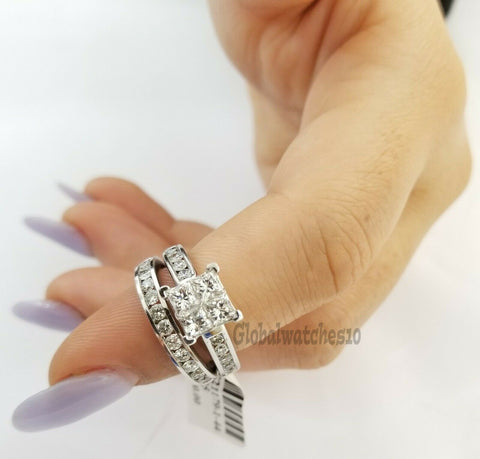 Real 14k White Gold 2CT Diamonds Ladies Ring Bridal Set Princess Cuts Solitaire