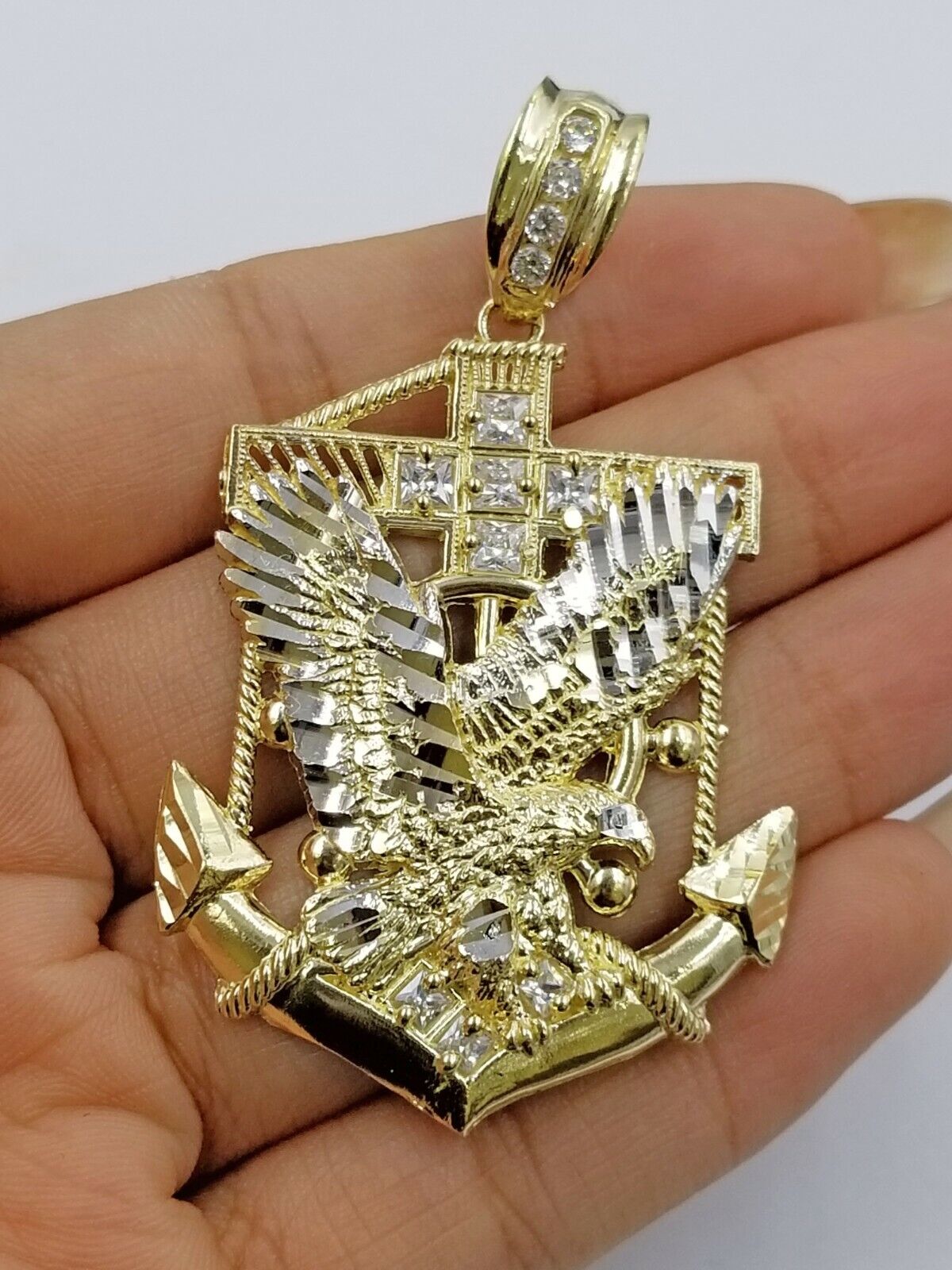 Real 10k Yellow Gold Miami Cuban Chain 24" American Eagle Anchor Charm Pendant