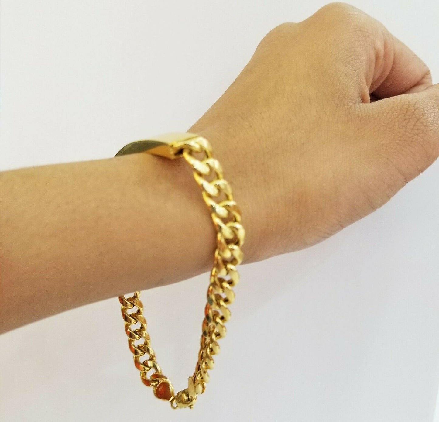 10K Yellow Gold ID Bracelet With Miami Cuban Chain 8mm 9" Long ,Hand chain 10kt