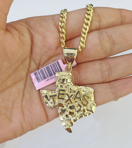 14k Gold Cuban Link Chain 20" Necklace Texas Map Charm Pendant Real 14KT SET