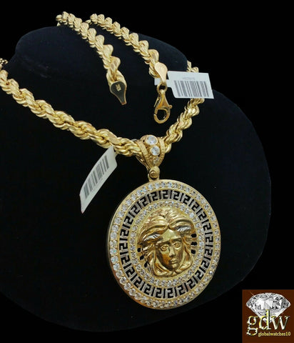 Real 10k Yellow Gold Rope Chain Necklace 28"  6mm With 10k Head Pendant Set