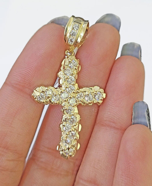 10k Real Yellow Gold Nugget Cross Charm / Pendent 2 inches (approx)