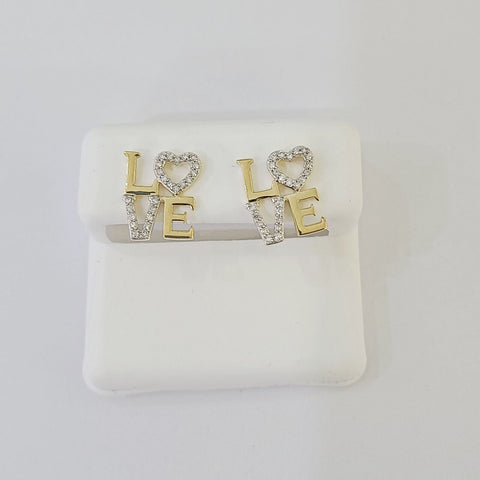 10k Yellow gold LOVE Heart Earrings Real Diamond screw-back Women Men studs