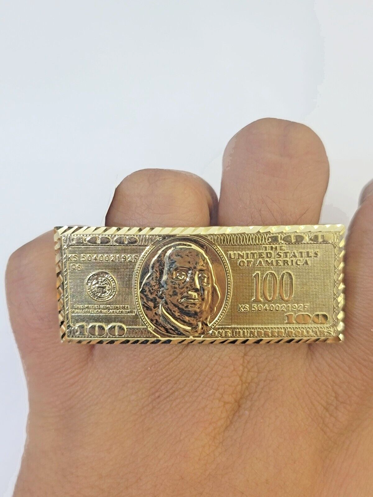 Real 10K Gold 100 Dollar Bill Ring Diamond Cut 10kt yellow Gold Ring