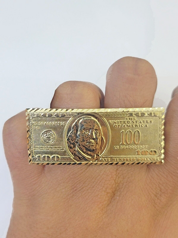 Real 10K Gold 100 Dollar Bill Ring Diamond Cut 10kt yellow Gold Ring