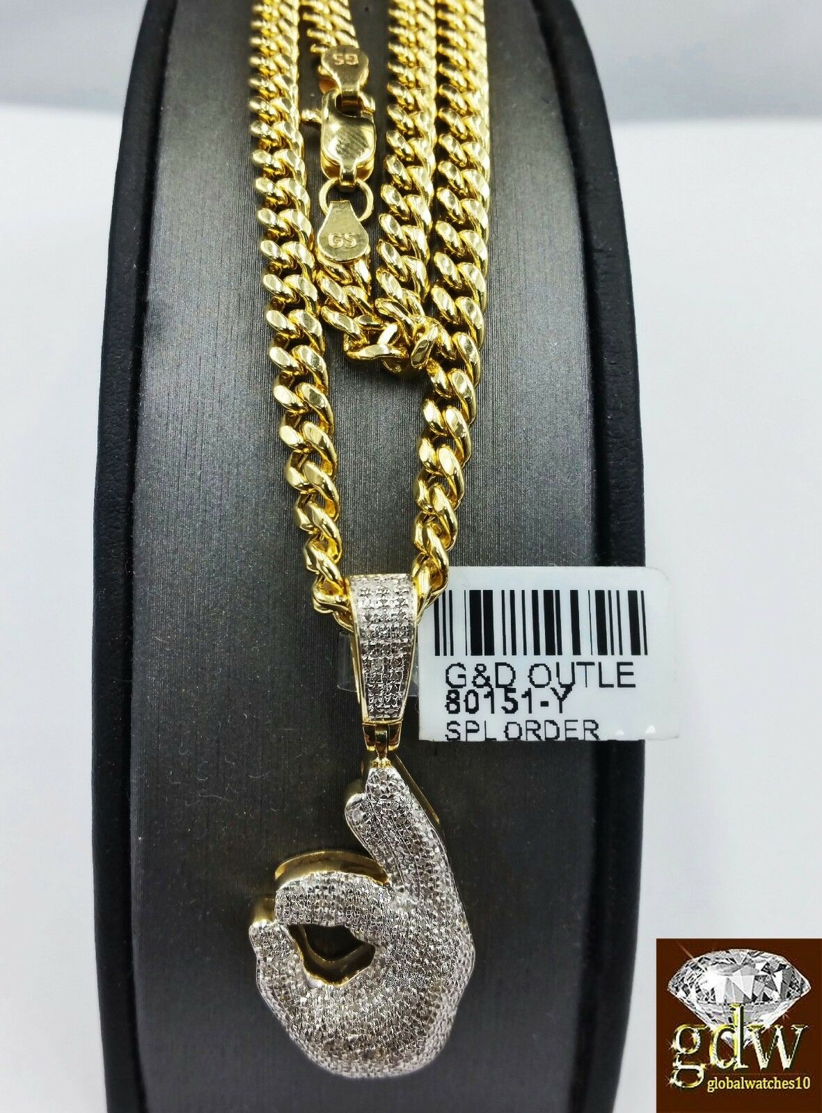 Real 10k Yellow Gold and Diamond Ok Hand Emoji Charm with 20" Miami Cuban Chain.