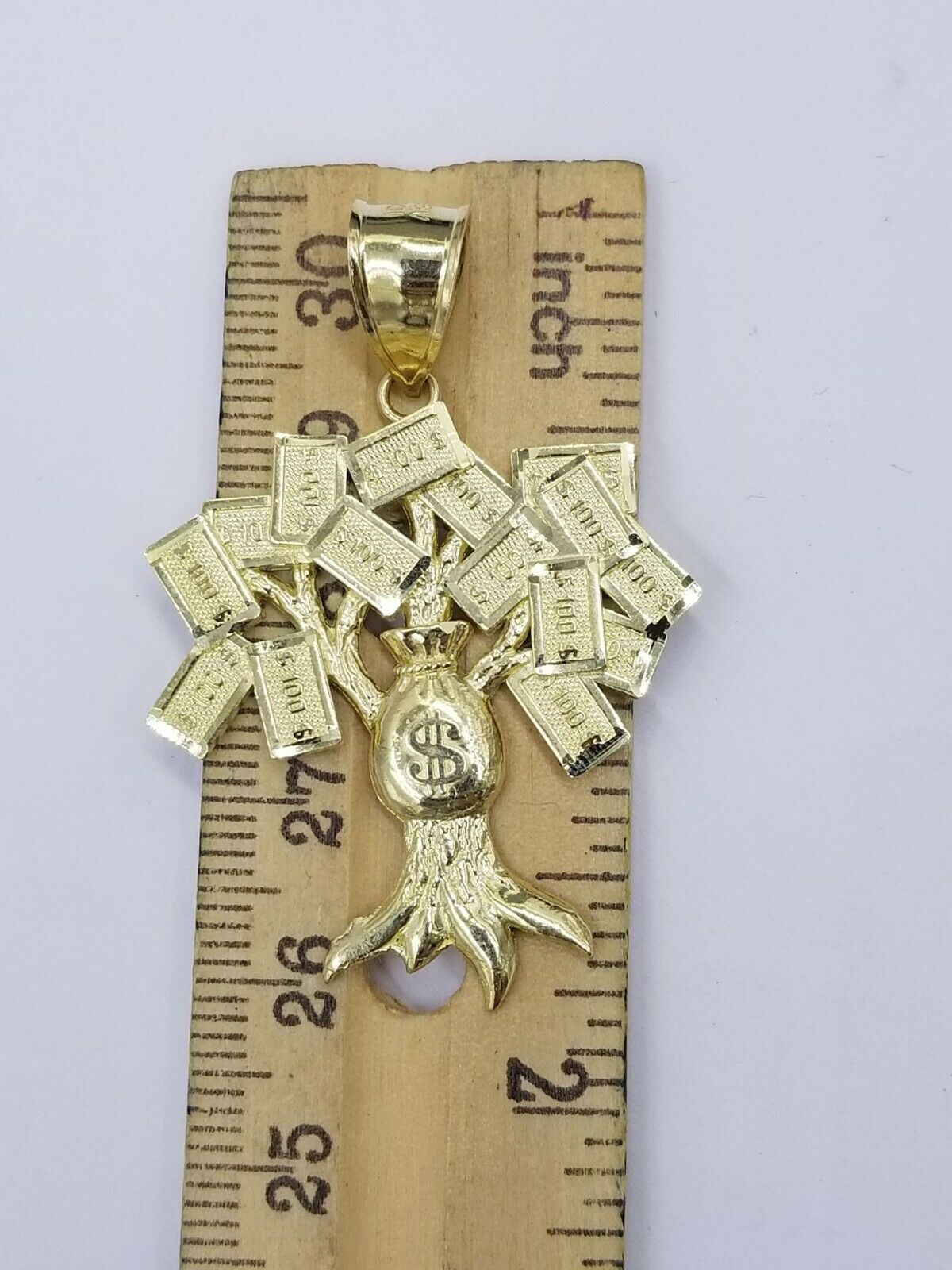 Real 10k Yellow Gold Lucky $100 Dollar Bag Charm Money Tree Pendant Men Women