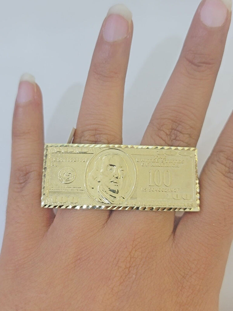 Real 10K Gold 100 Dollar Bill Ring Diamond Cut 10kt yellow Gold Ring
