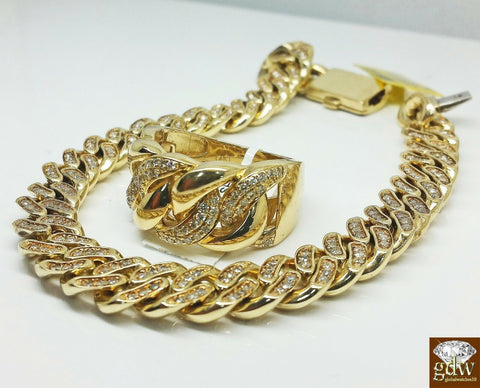 10k Yellow Gold Miami Cuban Bracelet With Diamonds Along With Matching Ring