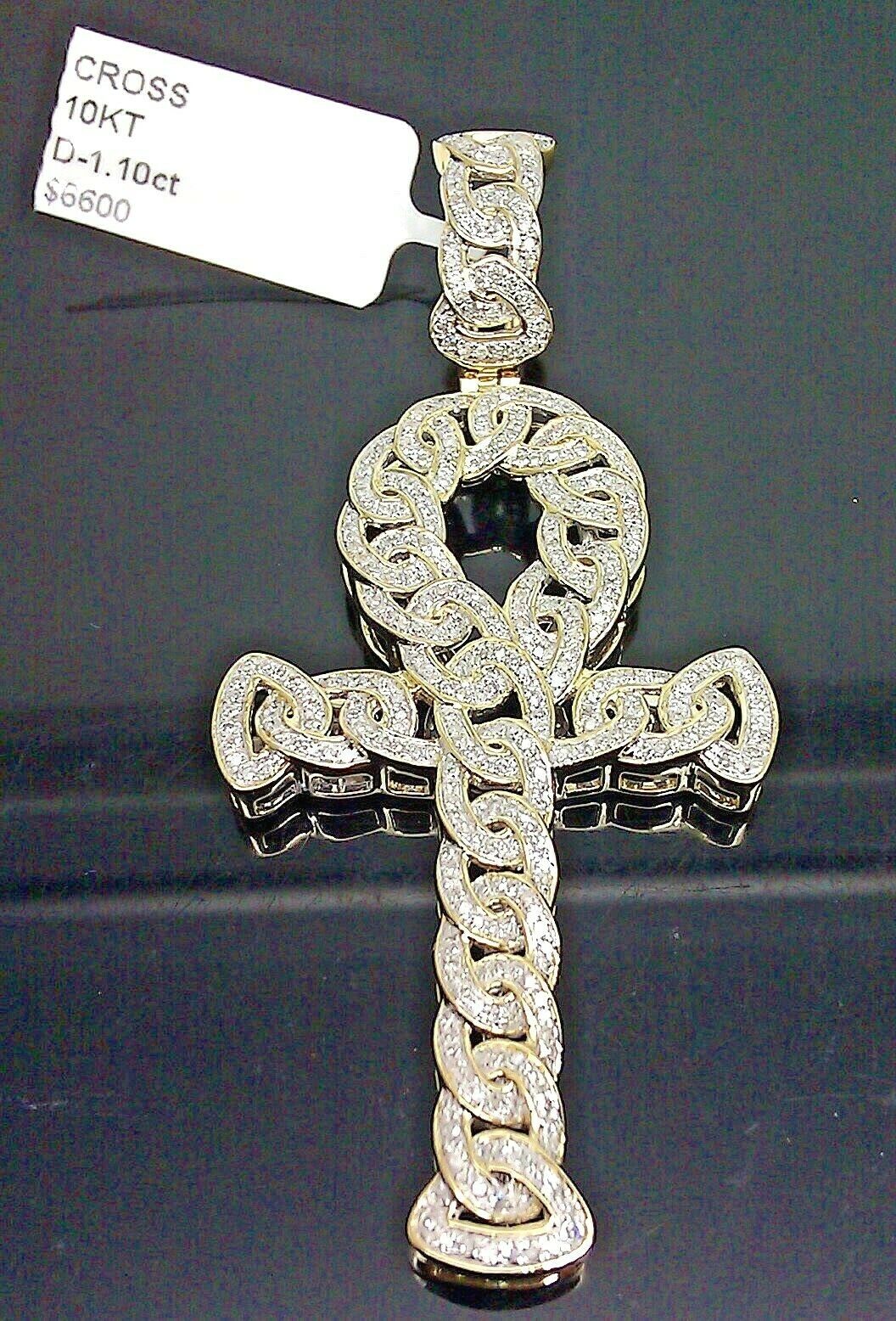 Real 10K gold Diamond Cross Ankh Charm Pendant 1 CT Genuine Diamond Yellow Gold