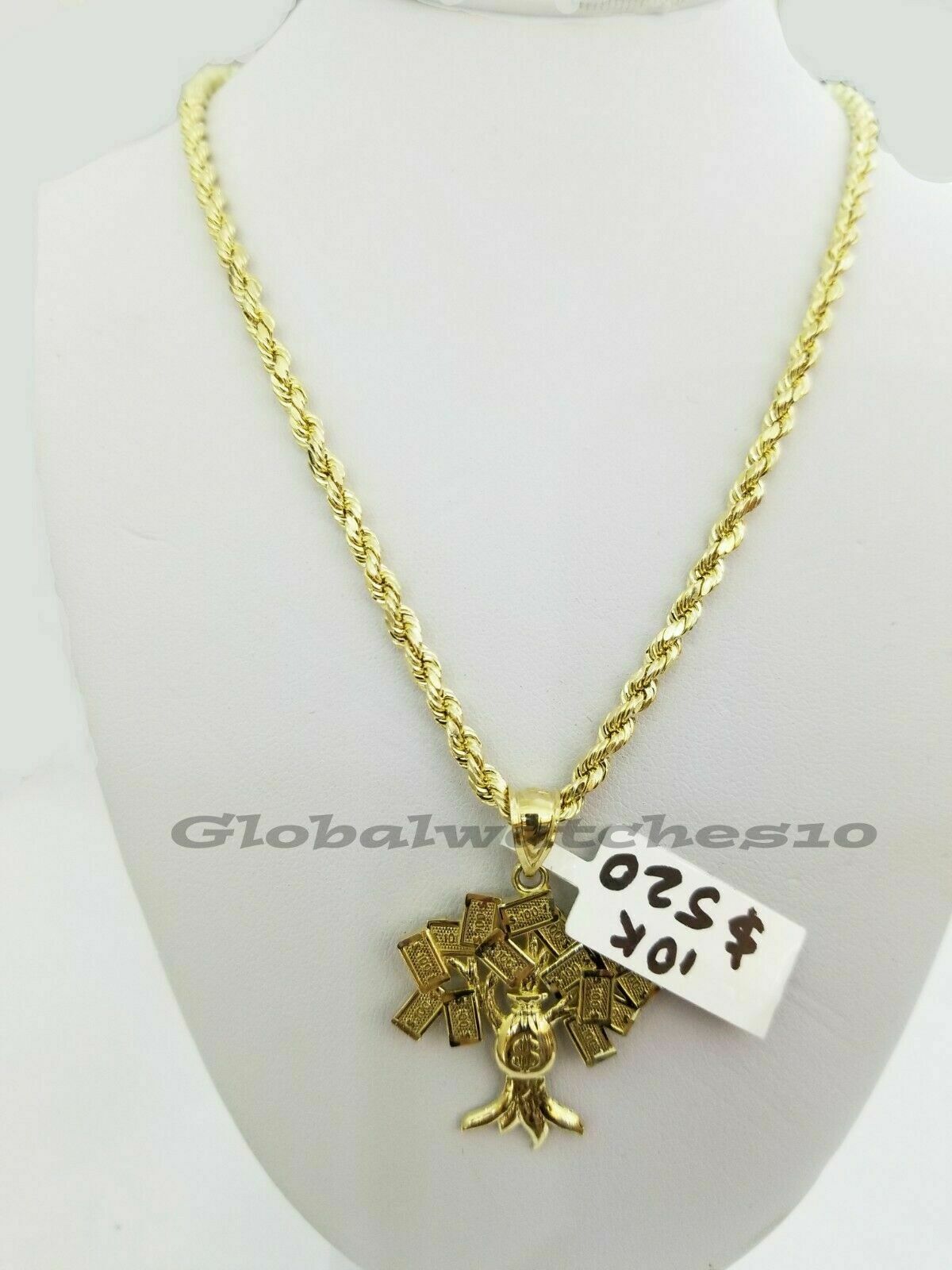 10K Gold $100 Tree Charm Pendant with Rope Chain 2.5mm 18" 20 22 24 26 inch Real