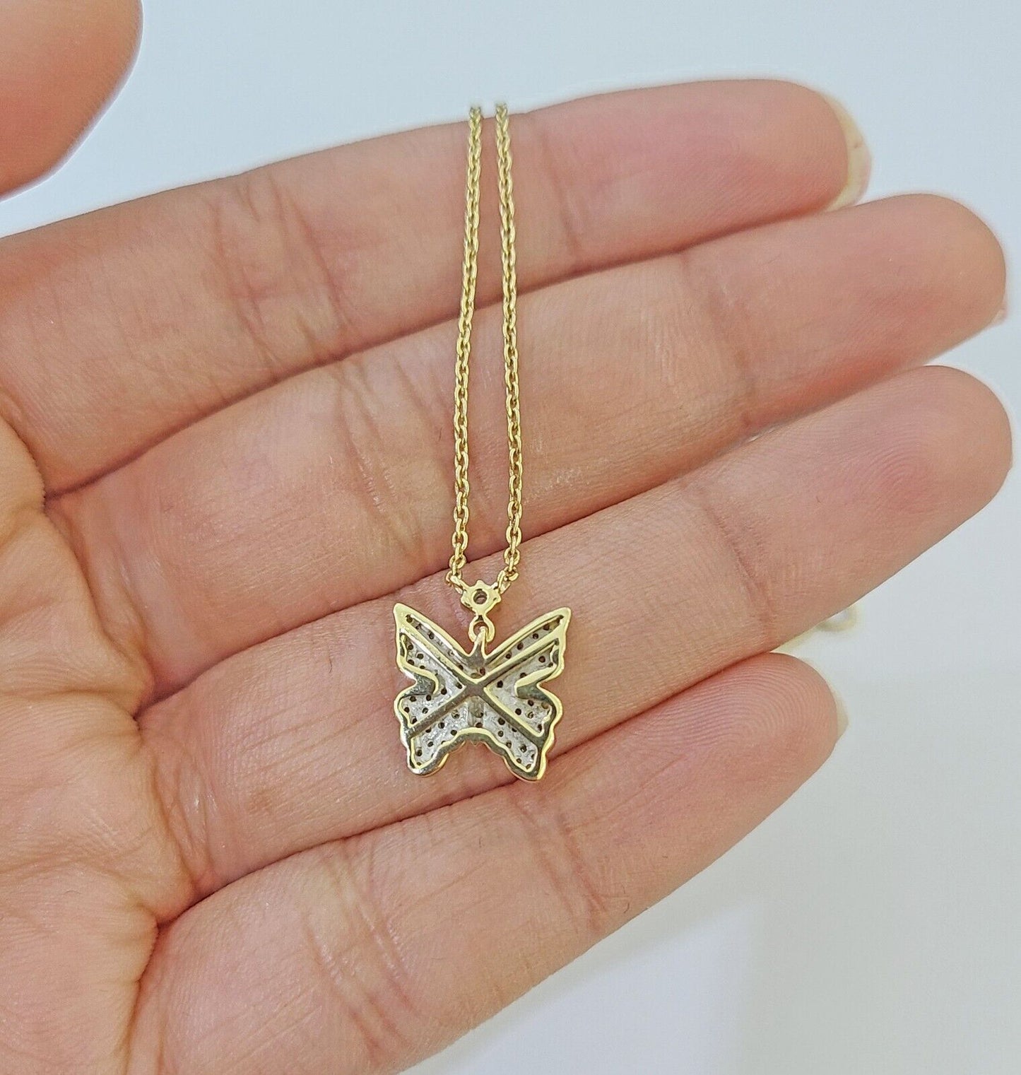 Real 10k Yellow Gold Butterfly Diamond Pendant Chain Necklace Set Women