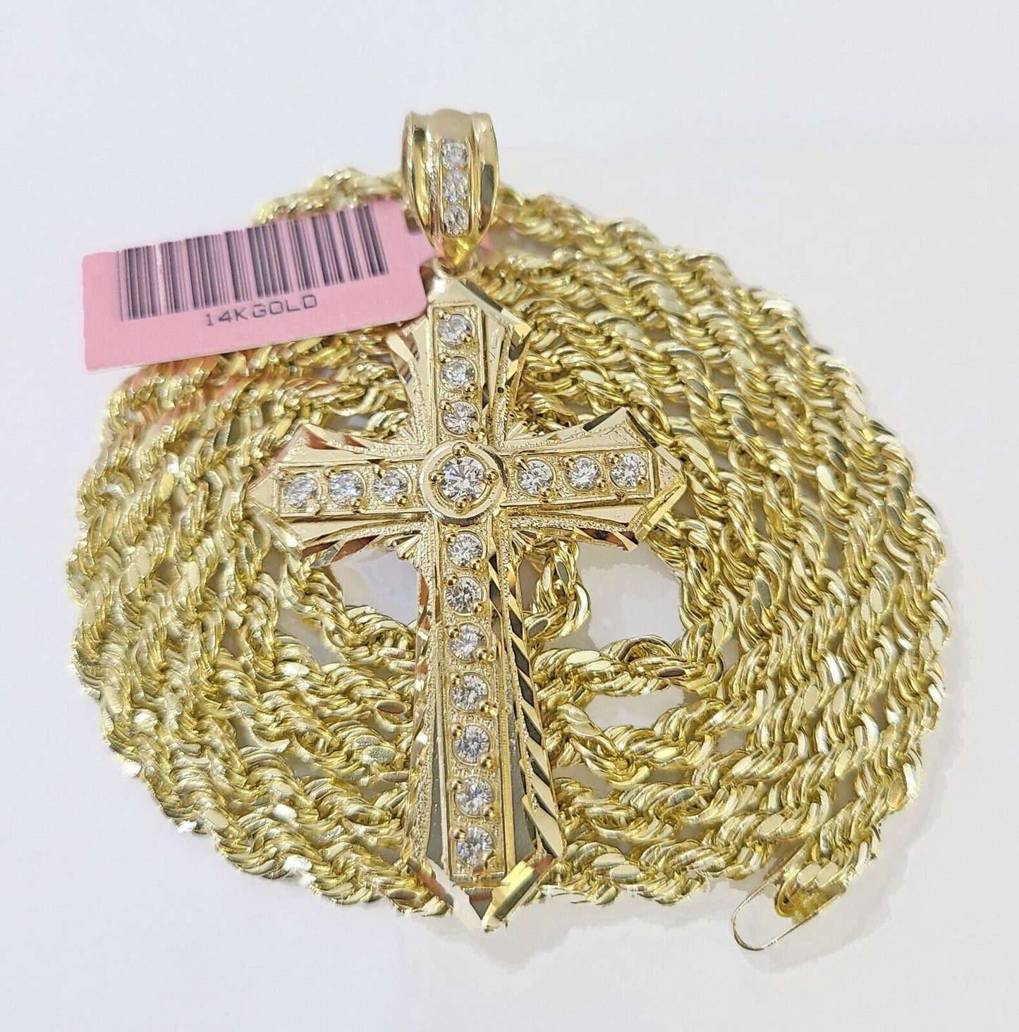 14k Yellow Gold Rope Chain & C-Z Cross Charm SET 4mm 20 Inches Necklace