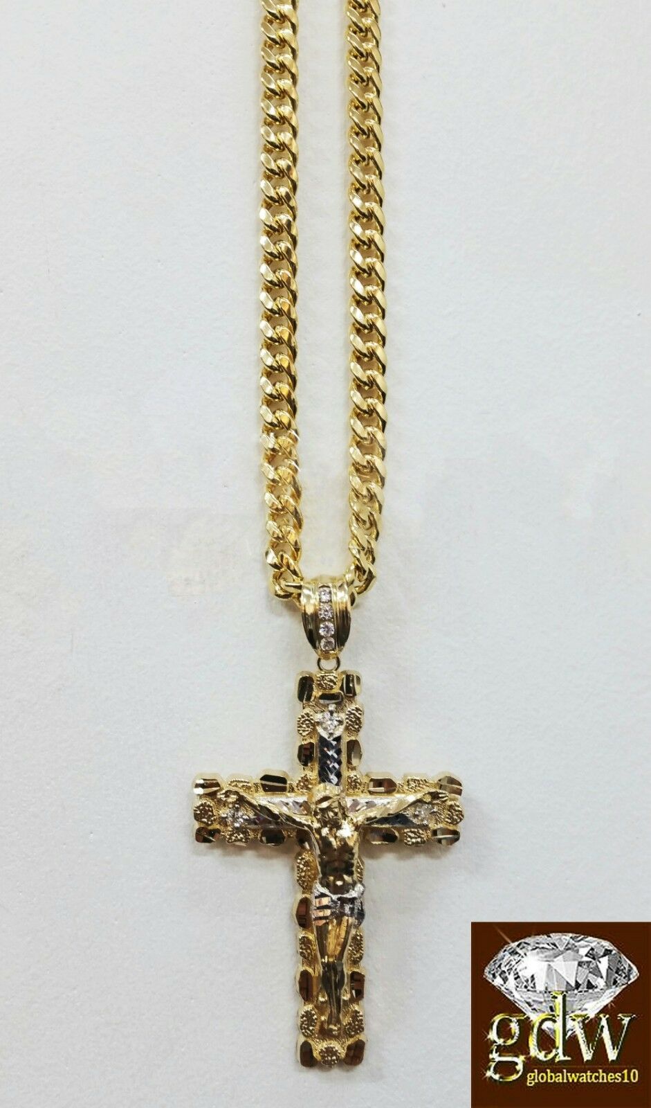 Real 10k Yellow Gold Jesus Cross Charm/Pendant with 26 Inches Miami Cuban Chain.