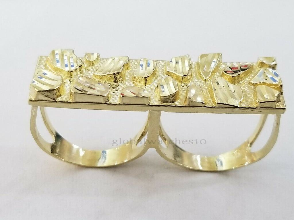 10k Yellow Gold Nugget Two Finger Men's Ring Diamond Cut Design Double Finger
