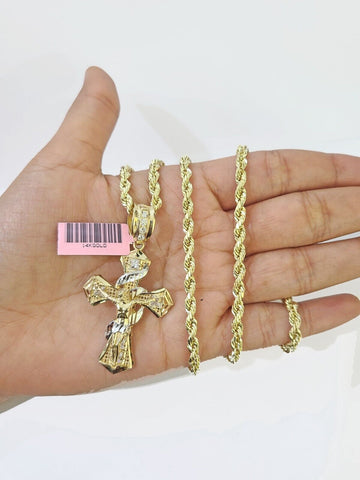 14k Yellow Gold Rope Chain & Jesus Swirl Cross Charm SET 5mm 18Inches Necklace