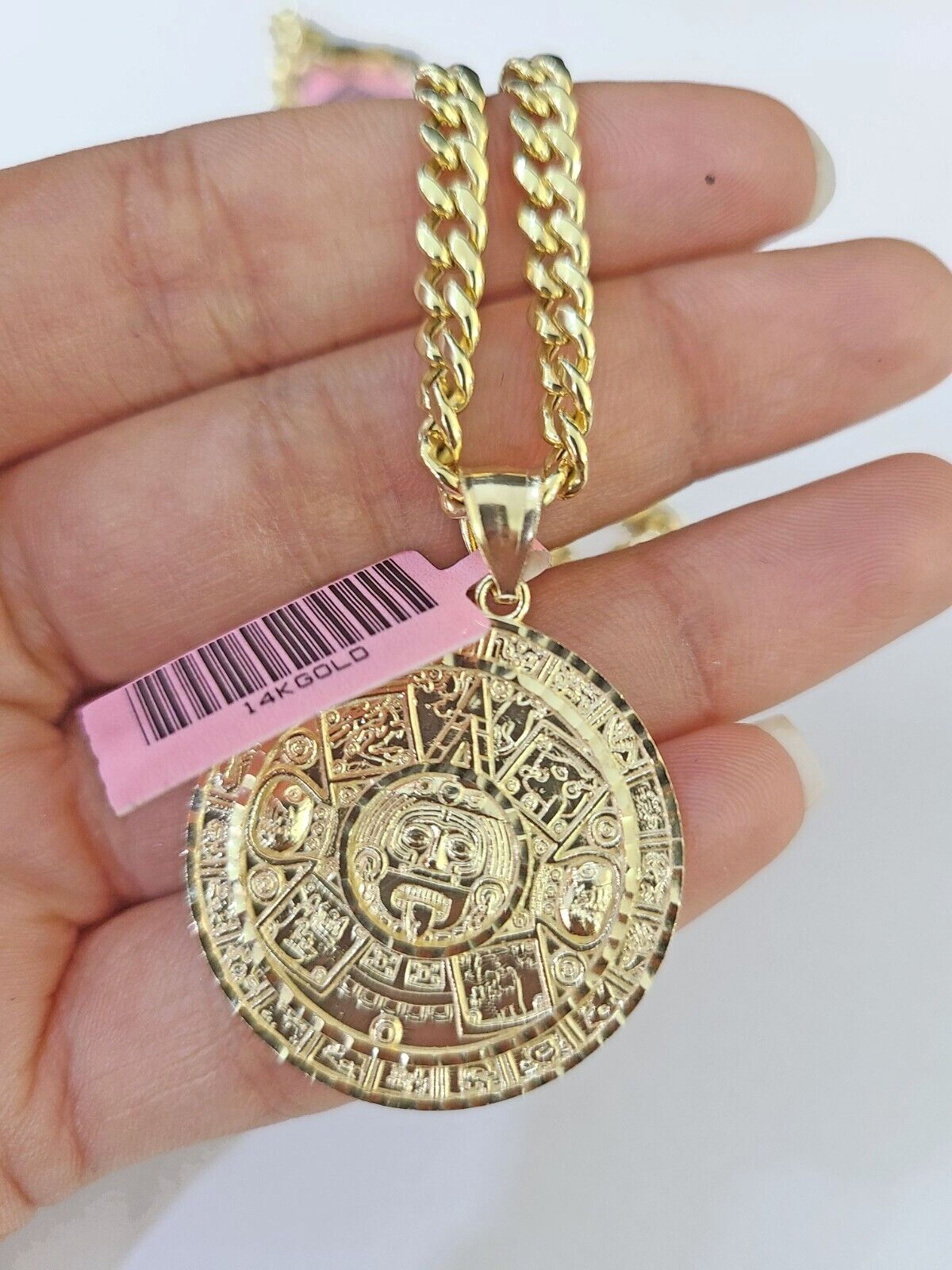 Real 14k Gold Mayan Calendar Charm & Miami Cuban Link Chain SET 5mm 20" Necklace