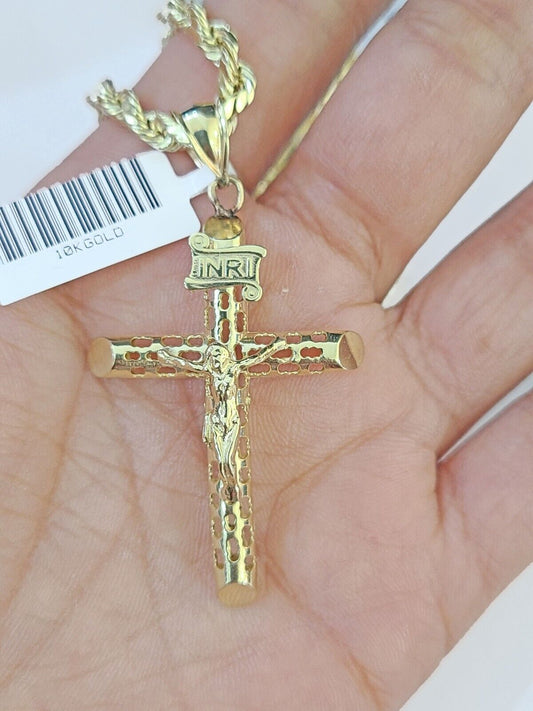 10k Gold Rope Chain & Cross Charm Pendent SET 4mm 24 Inches Necklace