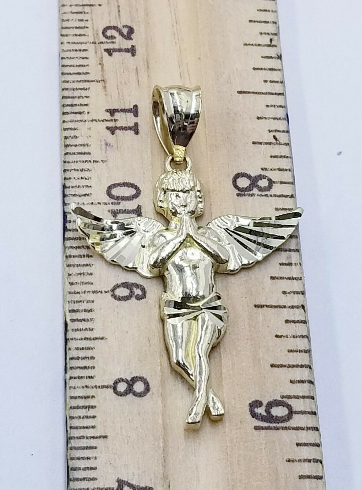 10k Yellow Gold Praying Angel Charm Diamond Cut Guardian Angel Pendant Real