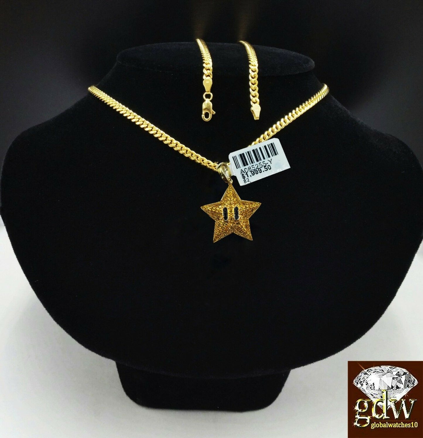 10k Yellow Gold & Diamond Star Emoji Charm with 26 Inch Miami Cuban Chain Real.