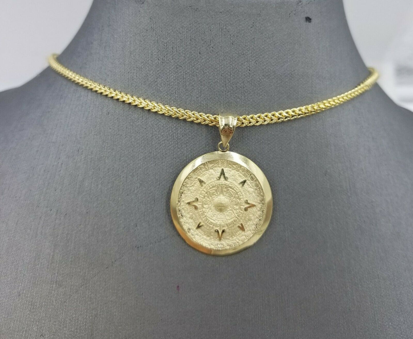 10k Real Yellow Gold Aztec Calendar Charm Pendant Men Women Diamond cut