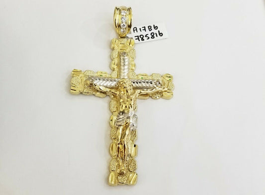 10K Yellow Gold Jesus nugget Cross Pendent Men Women 4" 10kt