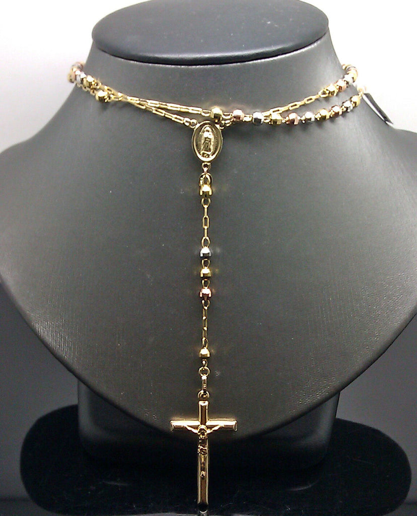 REAL 10k Gold Rosary cross Diamond Cut Multi-Tone Men Women