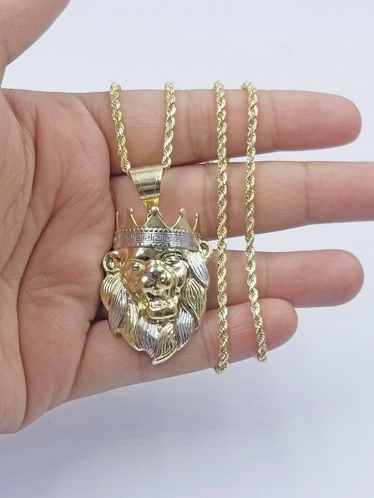 10k Gold Crown Lion Head Charm Pendant Diamond Cut 2.5mm 18" - 26" Rope Chain